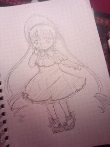 Rating: Safe Score: 0 Tags: 1girl dress full_body image long_hair looking_at_viewer monochrome photo shinku shoes sketch smile solo standing User: admin