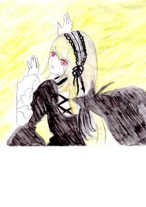 Rating: Safe Score: 0 Tags: 1girl bangs black_dress blonde_hair dress feathered_wings hairband image long_hair long_sleeves looking_at_viewer looking_back red_eyes solo suigintou upper_body wings yellow_background User: admin