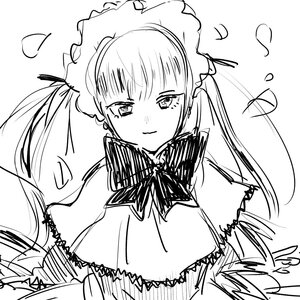 Rating: Safe Score: 0 Tags: 1girl auto_tagged closed_mouth detached_sleeves dress greyscale image long_hair looking_at_viewer monochrome shinku smile solo twintails upper_body white_background User: admin