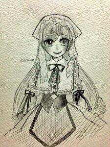 Rating: Safe Score: 0 Tags: 1girl braid dress frills greyscale hat image long_hair long_sleeves looking_at_viewer monochrome smile solo suiseiseki traditional_media very_long_hair User: admin