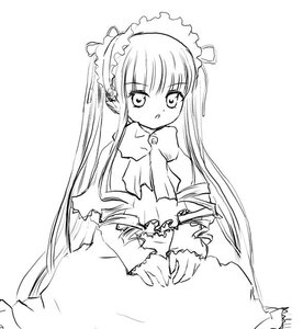 Rating: Safe Score: 0 Tags: 1girl dress greyscale image long_hair long_sleeves looking_at_viewer monochrome shinku simple_background solo twintails very_long_hair white_background User: admin