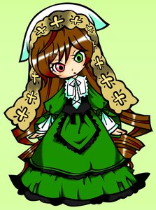 Rating: Safe Score: 0 Tags: 1girl brown_hair chibi dress drill_hair frills full_body green_background green_dress green_eyes hairband heterochromia image long_hair long_sleeves red_eyes solo standing suiseiseki very_long_hair User: admin