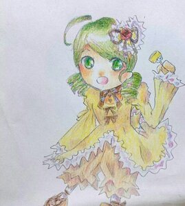 Rating: Safe Score: 0 Tags: 1girl :d ahoge bow colored_pencil_(medium) dress full_body green_eyes green_hair hair_ornament image kanaria long_sleeves open_mouth photo smile solo traditional_media watercolor_(medium) yellow_dress User: admin