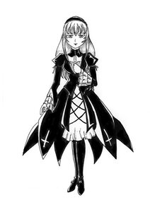 Rating: Safe Score: 0 Tags: 1girl bow choker dress frills full_body greyscale image long_hair long_sleeves looking_at_viewer monochrome solo standing suigintou thighhighs User: admin