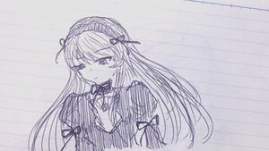 Rating: Safe Score: 0 Tags: 1girl dress eyebrows_visible_through_hair graphite_(medium) hairband image long_hair looking_at_viewer monochrome solo suigintou traditional_media upper_body User: admin