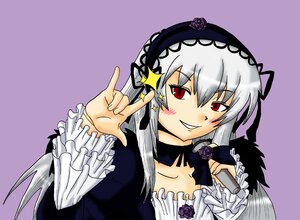 Rating: Safe Score: 3 Tags: 1girl dress flower frills grin hairband image long_hair long_sleeves looking_at_viewer red_eyes rose silver_hair simple_background smile solo sparkle suigintou upper_body wings User: admin