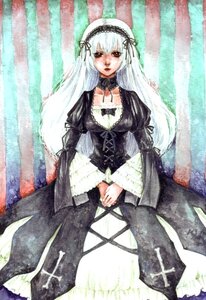 Rating: Safe Score: 0 Tags: 1girl black_dress curtains detached_collar dress frills hairband image long_hair long_sleeves looking_at_viewer puffy_sleeves red_eyes silver_hair sitting solo suigintou traditional_media very_long_hair User: admin