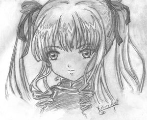 Rating: Safe Score: 0 Tags: 1girl face greyscale hair_ribbon image long_hair looking_at_viewer monochrome portrait ribbon shinku solo traditional_media User: admin