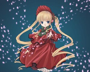 Rating: Safe Score: 0 Tags: 1girl blonde_hair blue_eyes bonnet bow bowtie cherry_blossoms dress flower green_bow image long_hair long_sleeves looking_at_viewer petals red_dress rose_petals shinku solo standing twintails very_long_hair User: admin