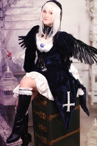 Rating: Safe Score: 0 Tags: 1girl 3d blurry boots dress gothic_lolita hairband high_heels knee_boots lips lolita_fashion long_sleeves photo red_eyes sitting solo suigintou white_hair User: admin