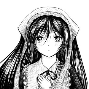 Rating: Safe Score: 0 Tags: 1girl blush frills greyscale head_scarf image long_hair looking_at_viewer monochrome ribbon simple_background solo suiseiseki upper_body white_background User: admin