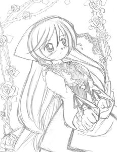 Rating: Safe Score: 0 Tags: 1girl blush dress flower frills greyscale image long_hair long_sleeves looking_at_viewer monochrome rose solo suiseiseki thorns very_long_hair white_rose yellow_rose User: admin