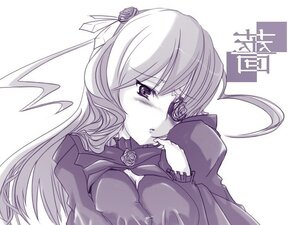 Rating: Safe Score: 0 Tags: 1girl barasuishou blush dress flower image long_hair long_sleeves monochrome rose shinku simple_background solo striped suigintou upper_body vertical_stripes User: admin