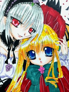 Rating: Safe Score: 0 Tags: 2girls blonde_hair blue_eyes bonnet drill_hair flower hairband image long_hair long_sleeves looking_at_viewer marker_(medium) multiple_girls pair red_eyes rose shinku silver_hair suigintou traditional_media wings User: admin