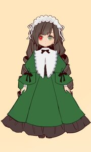 Rating: Safe Score: 0 Tags: 1girl bangs brown_hair closed_mouth dress frills full_body green_dress green_eyes heterochromia image long_hair long_sleeves looking_at_viewer red_eyes ribbon simple_background solo standing suiseiseki very_long_hair User: admin