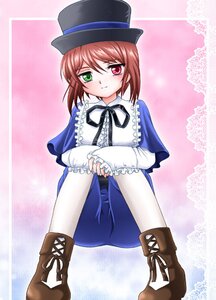 Rating: Safe Score: 0 Tags: 1girl blue_dress blush boots brown_hair cross-laced_footwear dress frills green_eyes hat heterochromia image long_sleeves looking_at_viewer pantyhose red_eyes short_hair sitting solo souseiseki top_hat white_legwear User: admin