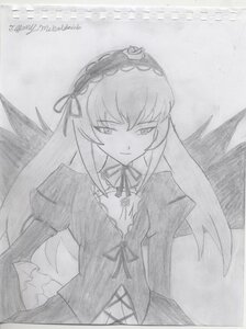 Rating: Safe Score: 0 Tags: 1girl dress frills greyscale hairband image juliet_sleeves long_hair long_sleeves looking_at_viewer monochrome ribbon simple_background smile solo suigintou traditional_media very_long_hair white_background wings User: admin