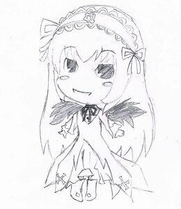 Rating: Safe Score: 0 Tags: 1girl auto_tagged chibi dress full_body greyscale hairband image long_hair long_sleeves monochrome ribbon simple_background smile solo suigintou traditional_media white_background User: admin