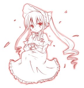 Rating: Safe Score: 0 Tags: 1girl blush bow dress drill_hair image long_hair long_sleeves looking_at_viewer monochrome petals shinku simple_background smile solo striped white_background User: admin