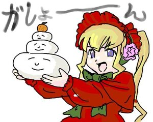 Rating: Safe Score: 0 Tags: 1girl blonde_hair blush_stickers bonnet bow bowtie dress food green_bow image long_hair long_sleeves open_mouth red_dress shinku simple_background solo upper_body white_background User: admin