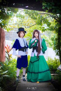 Rating: Safe Score: 0 Tags: 2girls brown_hair day dress flower hat long_hair long_sleeves looking_at_viewer multiple_cosplay multiple_girls outdoors plant shoes smile standing sunlight tagme tree User: admin