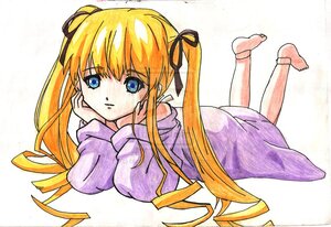 Rating: Safe Score: 0 Tags: 1girl auto_tagged barefoot blonde_hair blue_eyes chin_rest hair_ribbon image long_hair long_sleeves looking_at_viewer lying on_stomach ribbon shinku solo traditional_media twintails watercolor_(medium) User: admin