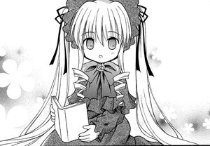 Rating: Safe Score: 0 Tags: 1girl :o book bow bowtie dress drill_hair greyscale holding image long_hair long_sleeves looking_at_viewer monochrome ribbon shinku solo twintails very_long_hair white_background User: admin