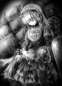 Rating: Safe Score: 0 Tags: 2girls closed_eyes couch dress frills greyscale hairband image long_hair long_sleeves monochrome multiple_girls ribbon solo suigintou traditional_media wings User: admin