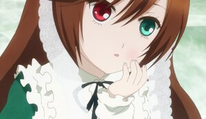 Rating: Safe Score: 0 Tags: 1girl :o black_ribbon blush brown_hair dress dutch_angle frills green_eyes image long_sleeves neck_ribbon red_eyes ribbon solo suiseiseki User: admin