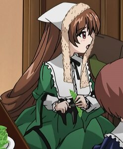 Rating: Safe Score: 0 Tags: apron blush brown_hair dress frills green_dress head_scarf image long_hair long_sleeves maid multiple_girls open_mouth red_eyes solo suiseiseki very_long_hair User: admin