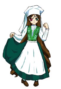 Rating: Safe Score: 0 Tags: 1girl apron brown_footwear brown_hair closed_mouth dress full_body green_dress green_eyes head_scarf heterochromia image long_hair long_sleeves looking_at_viewer red_eyes simple_background smile solo standing suiseiseki white_background User: admin