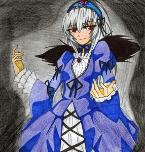 Rating: Safe Score: 0 Tags: 1girl black_wings blue_dress colored_pencil_(medium) cross-laced_clothes dress frilled_sleeves frills hairband image lolita_hairband long_hair long_sleeves looking_at_viewer marker_(medium) red_eyes rose silver_hair smile solo suigintou traditional_media wings User: admin