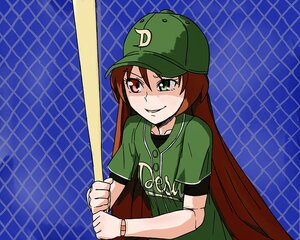 Rating: Safe Score: 0 Tags: 1girl blue_background brown_hair chain-link_fence day fence green_eyes green_shirt hat heterochromia honeycomb_(pattern) honeycomb_background image long_hair meme red_eyes shirt sky smile solo sportswear suiseiseki User: admin