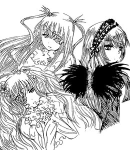 Rating: Safe Score: 0 Tags: 3girls dress flower frills greyscale hair_ornament image lineart long_hair looking_at_viewer monochrome multiple multiple_girls rose suigintou tagme User: admin