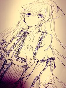 Rating: Safe Score: 0 Tags: 1girl bangs bow eyebrows_visible_through_hair frills image long_hair looking_at_viewer monochrome puffy_short_sleeves puffy_sleeves short_sleeves sketch solo suiseiseki traditional_media upper_body User: admin