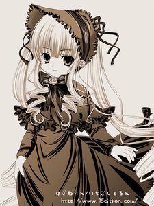 Rating: Safe Score: 0 Tags: 1girl bonnet bow dress drill_hair frills image long_hair long_sleeves looking_at_viewer monochrome rose shinku simple_background smile solo very_long_hair User: admin