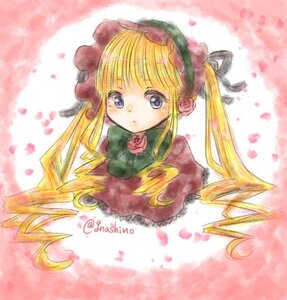 Rating: Safe Score: 0 Tags: 1girl blonde_hair blue_eyes bonnet bow bowtie dress flower green_bow image long_hair long_sleeves looking_at_viewer petals pink_background pink_flower pink_rose red_dress rose shinku sidelocks solo twintails User: admin