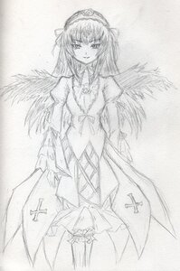Rating: Safe Score: 0 Tags: 1girl akemi_homura bow dress feathered_wings gloves graphite_(medium) greyscale image long_hair looking_at_viewer monochrome simple_background smile solo suigintou traditional_media wings User: admin