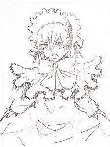 Rating: Safe Score: 0 Tags: 1girl bangs bonnet bow capelet dress eyebrows_visible_through_hair frills image long_sleeves looking_at_viewer monochrome open_mouth shinku sketch solo User: admin