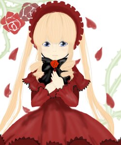 Rating: Safe Score: 0 Tags: 1girl blonde_hair blue_eyes blurry blurry_foreground bonnet bow depth_of_field dress flower image long_hair long_sleeves looking_at_viewer petals red_dress red_flower red_rose rose rose_petals shinku solo twintails very_long_hair User: admin