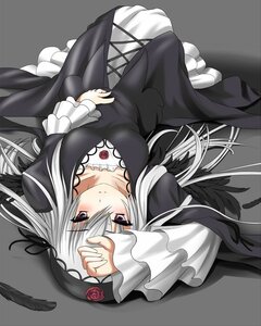 Rating: Safe Score: 3 Tags: 1girl black_dress black_wings blush breasts collarbone dress feathers flower frills from_above hairband image long_hair long_sleeves looking_at_viewer lying on_back rose silver_hair solo suigintou wings User: admin