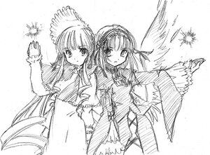 Rating: Safe Score: 0 Tags: 2girls auto_tagged bow dress greyscale image long_hair long_sleeves looking_at_viewer monochrome multiple_girls pair shinku simple_background standing suigintou very_long_hair white_background wings User: admin