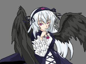 Rating: Safe Score: 0 Tags: 1girl black_dress black_wings dress feathered_wings feathers finger_to_mouth flower frills hairband image long_hair long_sleeves looking_at_viewer pink_eyes rose silver_hair smile solo suigintou wings User: admin
