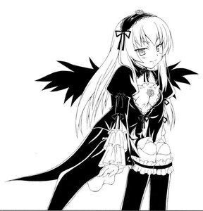 Rating: Questionable Score: 0 Tags: 1girl blush breasts detached_collar dress frills greyscale hairband image lolita_hairband long_hair long_sleeves looking_at_viewer monochrome solo suigintou wings User: admin