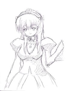 Rating: Safe Score: 0 Tags: 1girl bangs breasts closed_mouth detached_collar dress eyebrows_visible_through_hair frills greyscale hairband image itsumi_erika long_hair long_sleeves looking_at_viewer monochrome sketch smile solo standing suigintou white_background User: admin