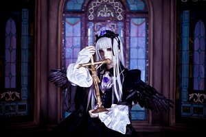 Rating: Safe Score: 0 Tags: 1girl bangs black_dress dress flower frills hairband indoors long_hair long_sleeves sitting solo suigintou white_hair window wings User: admin