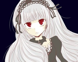 Rating: Safe Score: 0 Tags: 1girl bangs closed_mouth dress hairband image long_hair looking_at_viewer red_eyes ribbon silver_hair simple_background solo suigintou upper_body User: admin