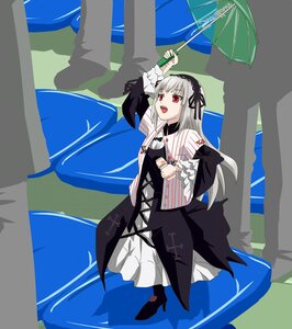 Rating: Safe Score: 0 Tags: 1girl :d black_umbrella dress hairband holding holding_umbrella image long_hair long_sleeves open_mouth parasol red_eyes silver_hair smile solo suigintou umbrella wings User: admin