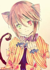 Rating: Safe Score: 0 Tags: 1boy animal_ears bow cat_ears cat_tail green_eyes hair_bow heterochromia image long_sleeves looking_at_viewer pink_bow red_eyes simple_background smile solo souseiseki striped tail traditional_media User: admin