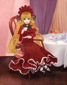 Rating: Safe Score: 0 Tags: 1girl blonde_hair blue_eyes bow cup curtains dress food image long_hair mary_janes red_dress ribbon shinku shoes sitting solo table teacup very_long_hair User: admin